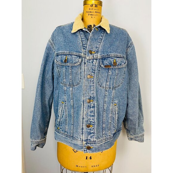 Vintage 90s Lee Blanket Lined Denim Jean Jacket Men’s L Corduroy Collar Buttons - Picture 1 of 15